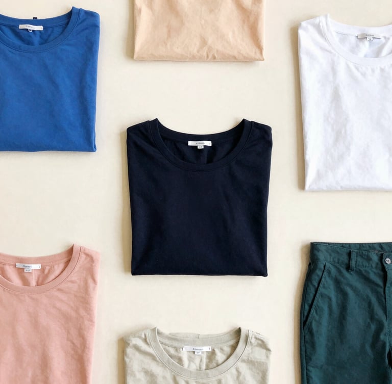 Clean minimalist fashion flat-lay of trendy colorful garments on a soft cream background, bright natural daylight, crisp focus, 35mm lens