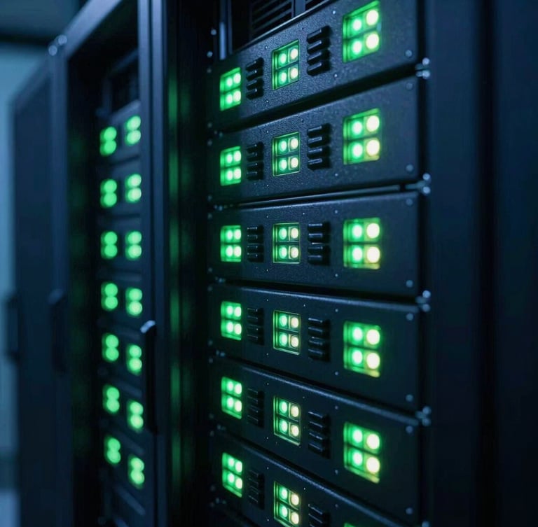 Close-up of a secure server cage with glowing status lights, industrial tech photography, low-key ambient server room light, cool blue and neon green tones, sharp focus, 35mm