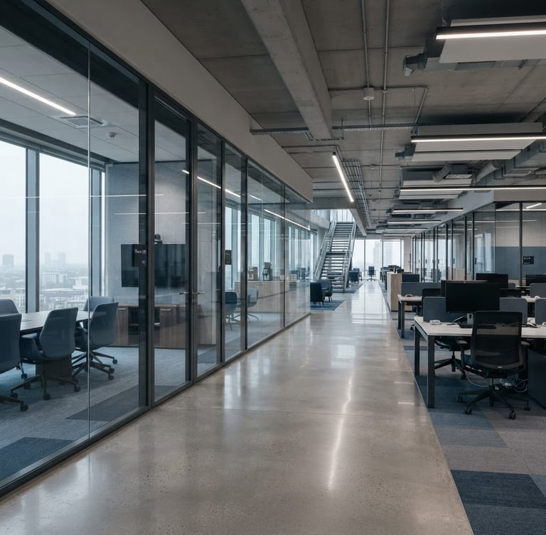 Wide panoramic of a modern corporate office interior, focus on architectural details like glass walls and a polished concrete floor, cool overcast daylight, deep blue and slate tones, no people, 35mm lens.