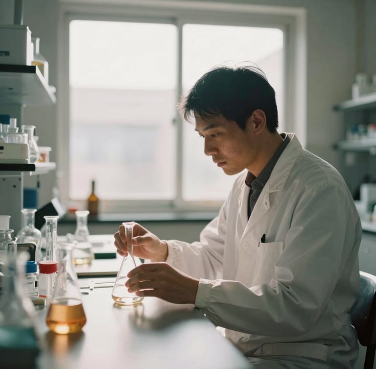 Medium-wide shot of a researcher in a sunlit laboratory working with glassware, warm natural window light, muted organic tones, shallow depth of field