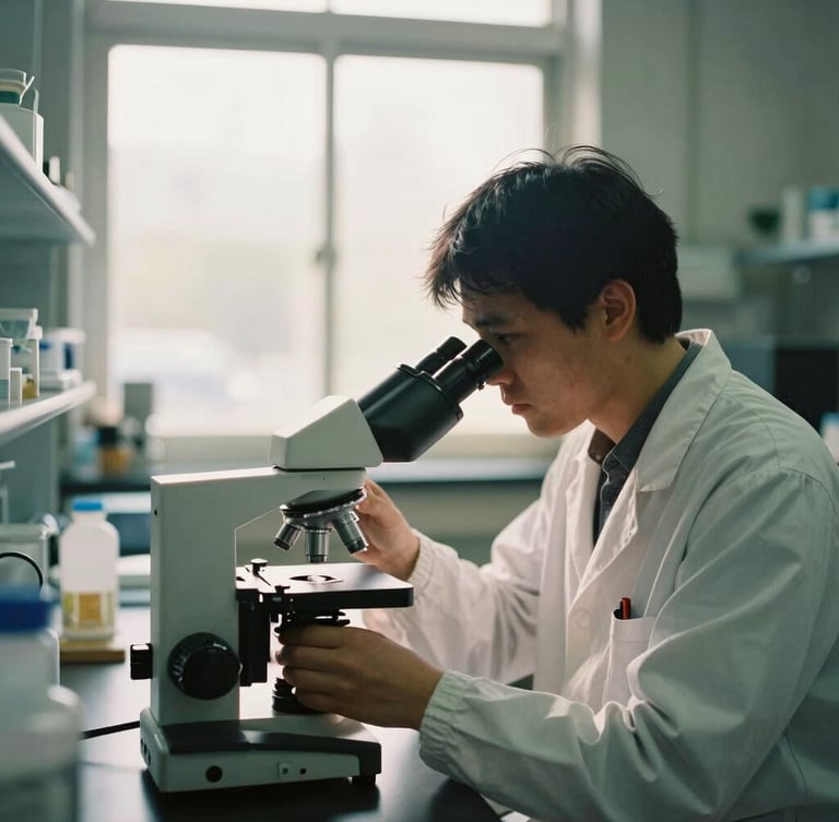 Medium-wide environmental portrait of a researcher in a sunlit laboratory adjusting a microscope, soft natural window light, muted green and gold tones, shallow depth of field, 35mm film.