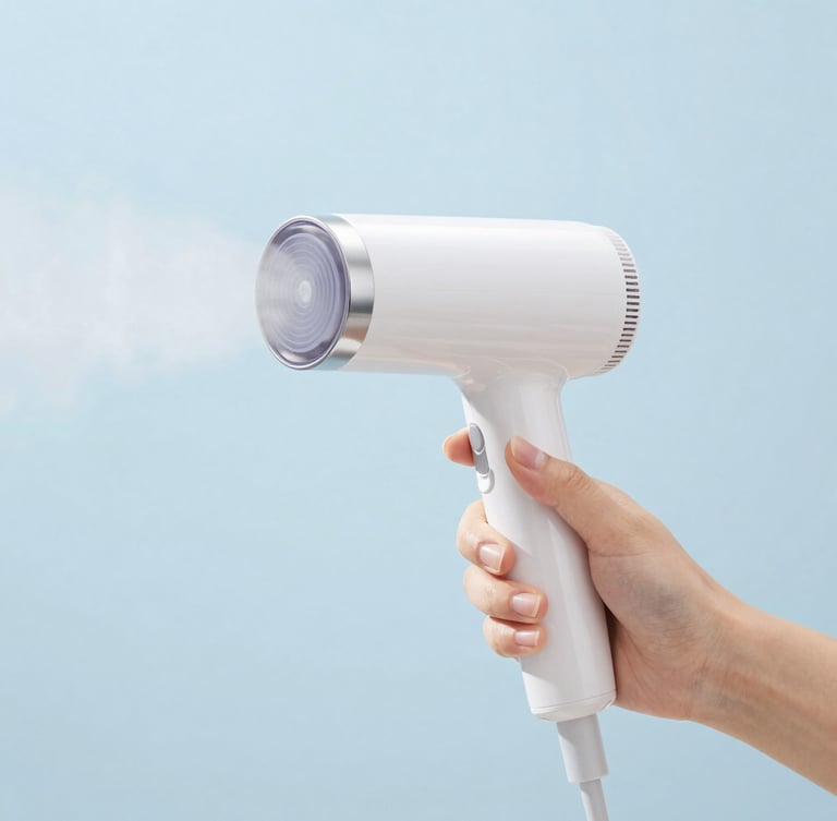 Bright high-key portrait shot of hands holding a sleek white handheld garment steamer, a crisp active steam plume rising against a clean minimalist background, soft blue tones, 35mm.