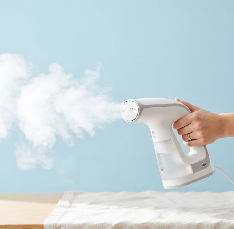Bright high-key product photography of a compact handheld garment steamer releasing a powerful, crisp plume of white steam against a clean light blue background, sharp focus, 35mm