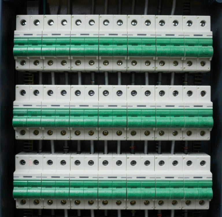 Macro shot of a perfectly organized distribution board, neat rows of circuit breakers with clean green and white wiring tags, sharp industrial technical lighting