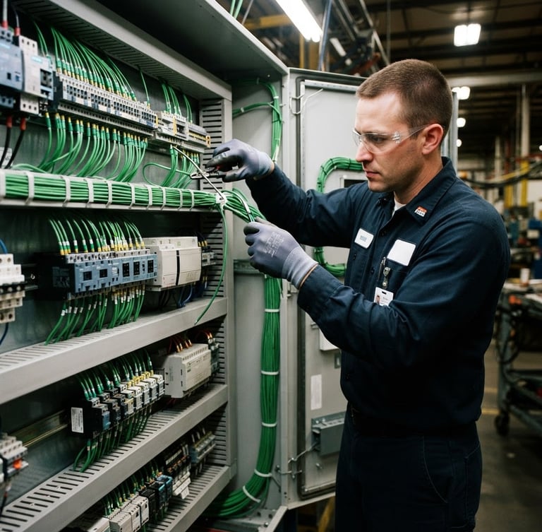 Professional industrial electrician in clean safety gear and PPE assembling a complex electrical control panel with neatly routed green wires, high-contrast technical lighting, sharp 35mm photography
