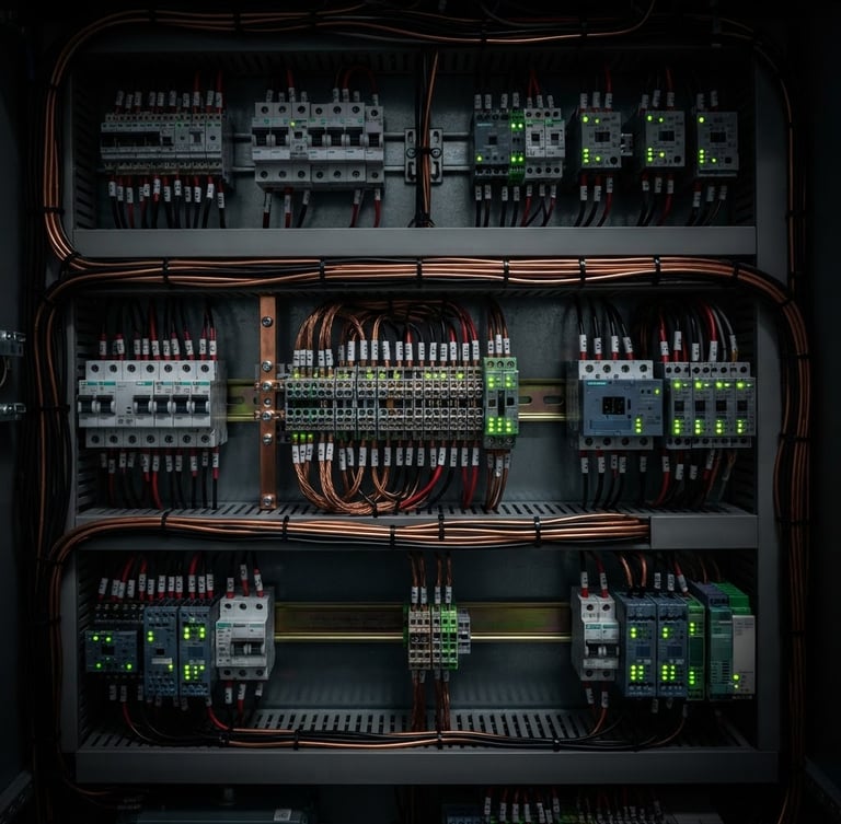 Sharp macro shot of a perfectly organized industrial distribution board, neat copper wiring, glowing electric green status LEDs, technical dark lighting, 35mm lens