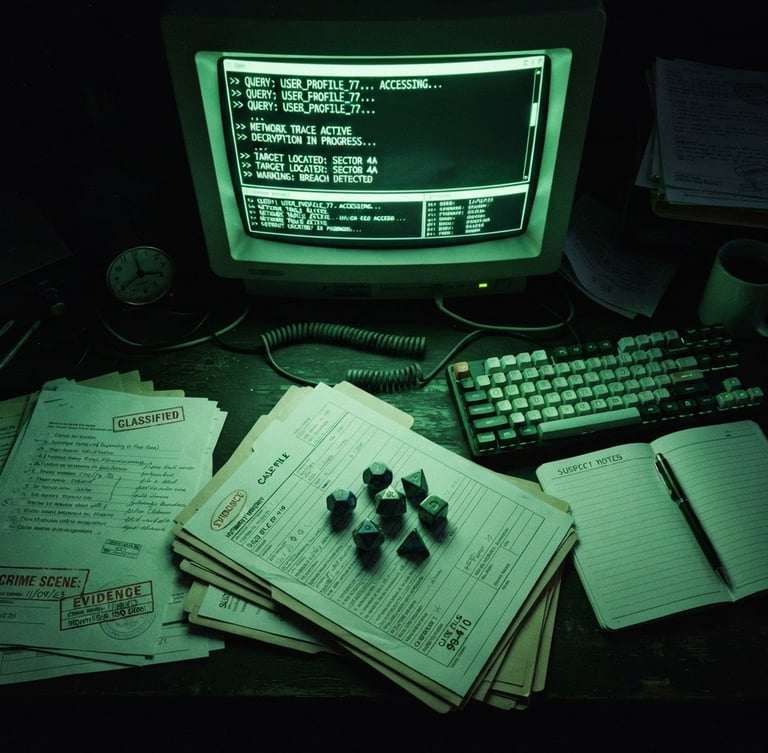 Overhead macro shot of a dark investigator desk, a glowing green CRT monitor displaying terminal code, polyhedral gaming dice resting on official police report files, harsh shadows, 35mm.