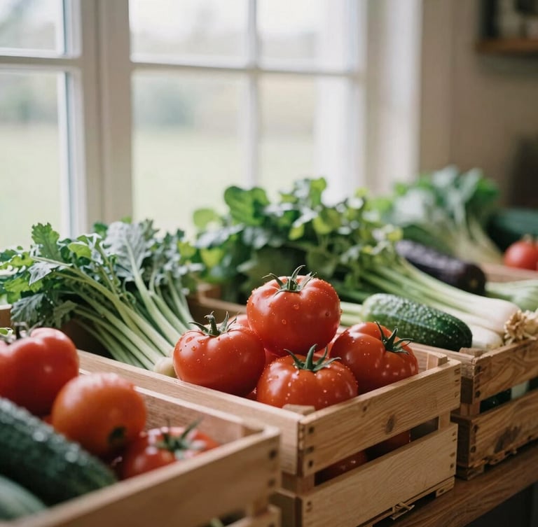 Cozy Scandinavian-style farm stand interior with wooden crates of fresh produce, soft natural daylight filtering through a window, shallow depth of field