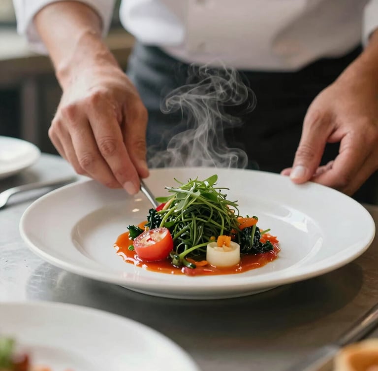 Close-up of chef's hands carefully plating a vibrant dish in a warm kitchen, steam rising softly, camera lens visible in the soft-focus foreground, natural daylight, 35mm