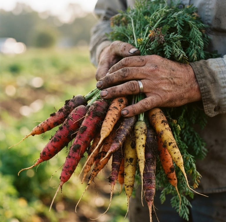 Close-up of a farmer's soil-dusted hands holding freshly harvested heirloom carrots, soft natural morning daylight, rich earthy tones, 35mm photography