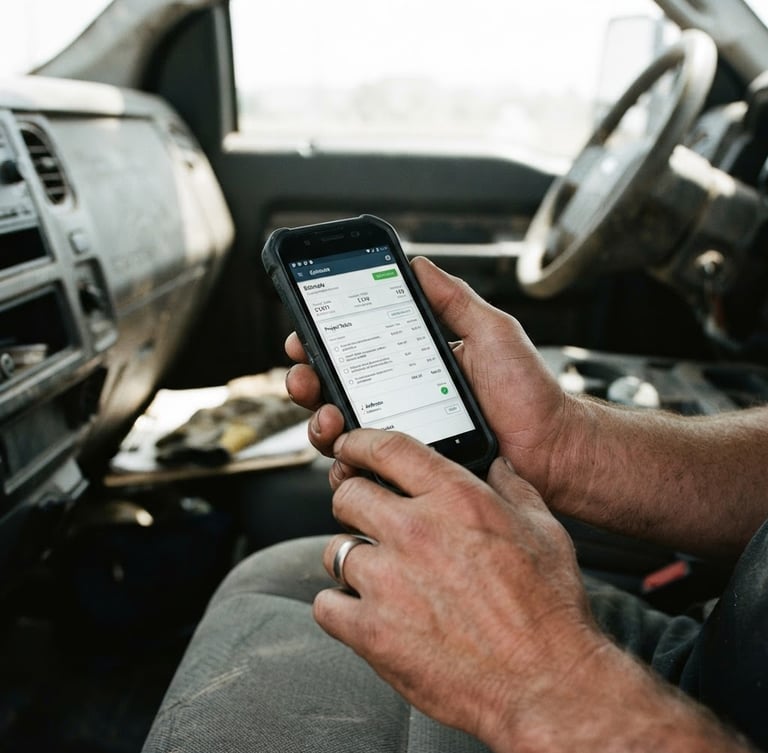 A contractor uses Estimates PRO management software on a smartphone inside a work truck.