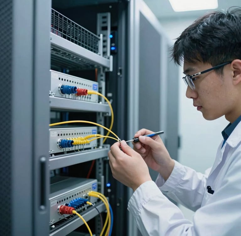 Crisp architectural photography of a technician performing precise fiber optic splicing inside a clean data center cold aisle, cool-toned lighting, sharp focus