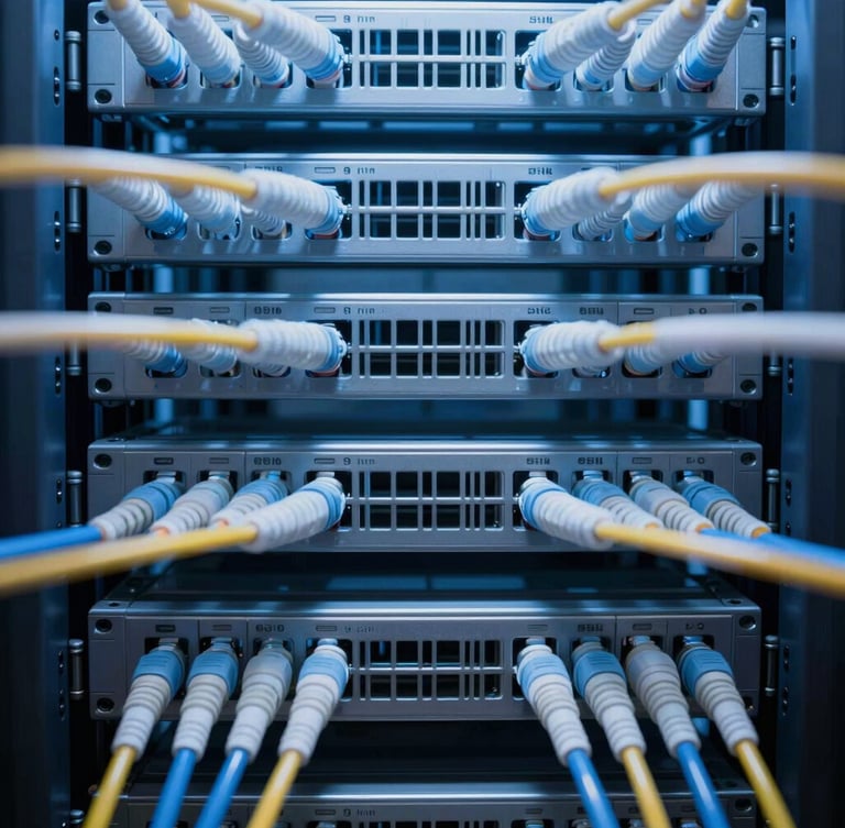 Symmetrical close-up of structured fiber optic cabling in a pristine data center, cool blue and white LED lighting, sharp focus, 35mm
