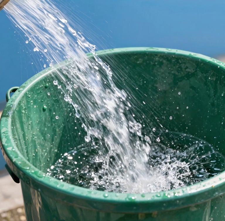 A close-up of a high-pressure hot water stream blasting the inside of a dirty green trash can, water droplets sparkling in the morning daylight, sharp focus