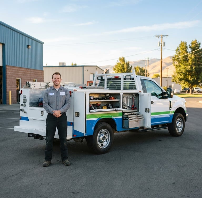 A friendly service technician standing next to a clean, bright JYM service truck in Caldwell, Idaho, bright morning sun, high-key commercial photography, 35mm