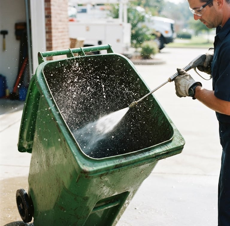 High-pressure water stream blasting the interior of a green trash can, bright morning daylight, water droplets flying, clean professional technician hand visible, 35mm