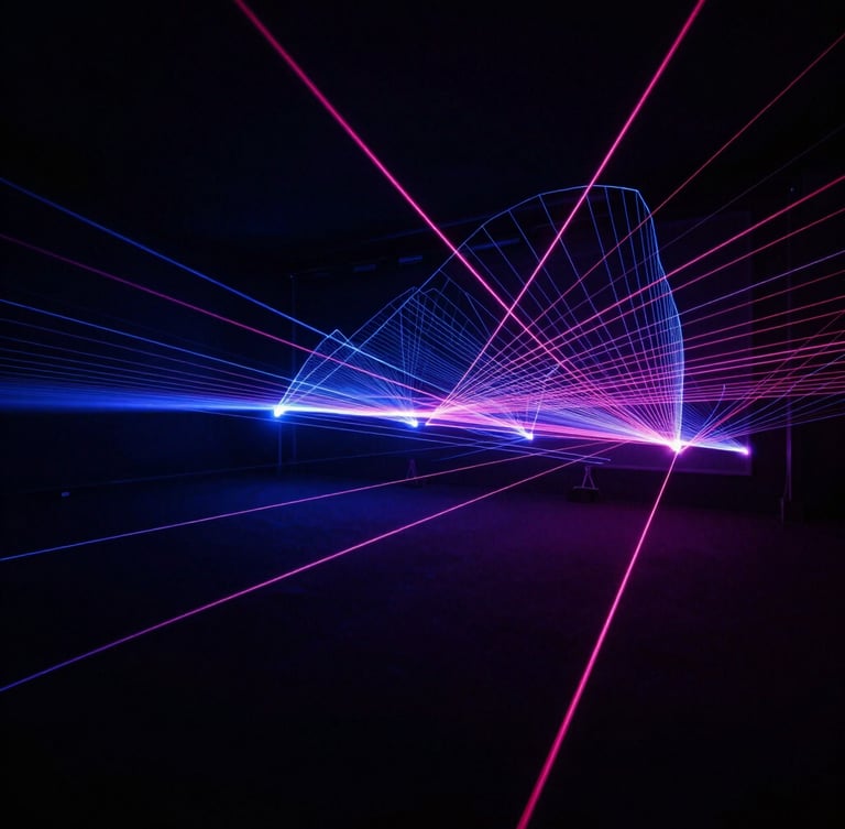 Wide panoramic view of an abstract digital matrix in a dark room, glowing indigo and neon rose laser lines tracing geometric paths, low-key dramatic studio lighting, negative space on the left.