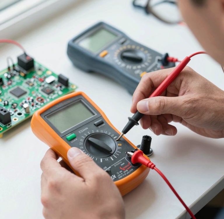 Close-up of a technician's hands using a digital multimeter to test a green electronic circuit board, bright natural daylight, clean tool arrangement in background, sharp focus, 35mm