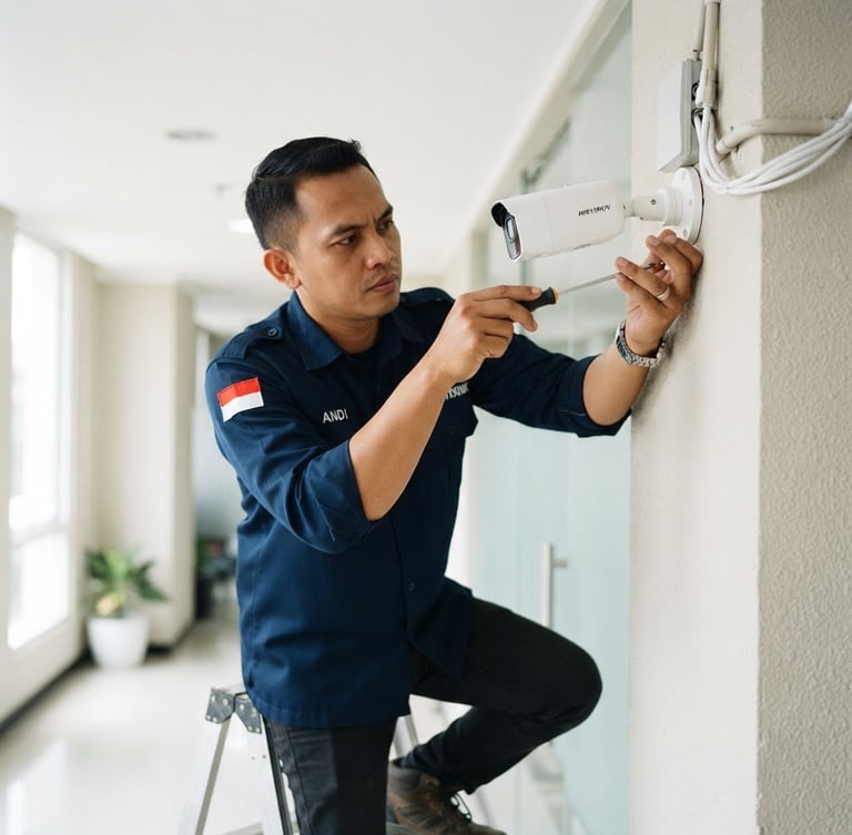 A professional Indonesian technician in a clean uniform neatly mounting a modern white CCTV camera on a wall, bright daylight, sharp focus, 35mm
