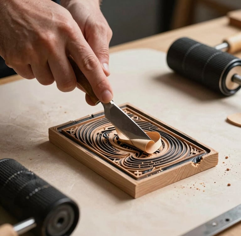 High-contrast portrait shot of hands carving a linoleum block, sharp gouge tool lifting a curl of material, black ink rollers and raw paper texture in the background, directional side-light