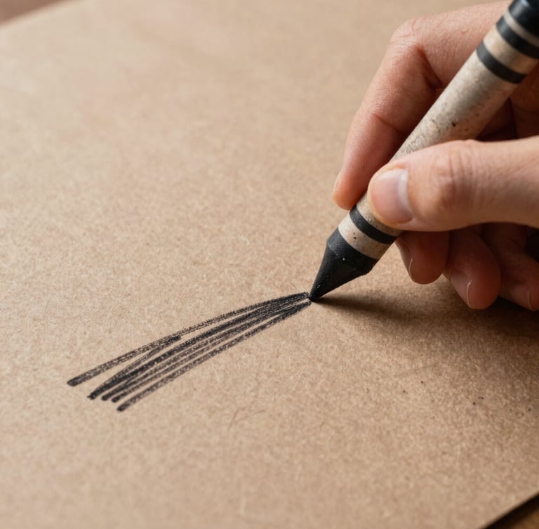 High-contrast studio shot of a hand drawing with a thick black wax crayon on rough brown craft paper, focus on the physical friction and texture