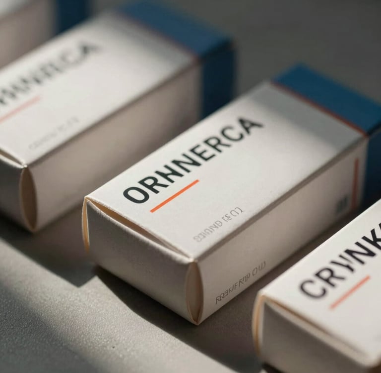 Extreme close-up of flat-laid pharmaceutical boxes under sharp directional side-light, showcasing clean technical typography, crisp paper edges, and high-contrast shadows on a neutral background.