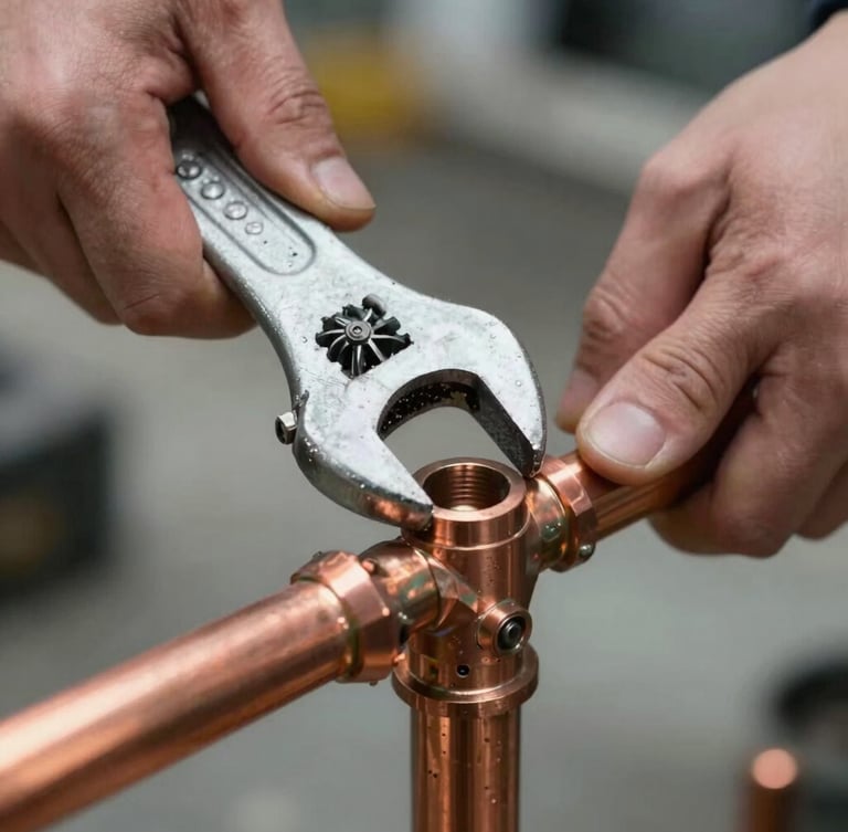 Close-up macro shot of a technician's hands using a heavy wrench to secure a copper pipe joint, bright utility lighting, focus on tools