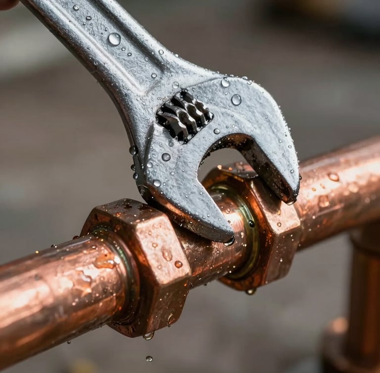Tight macro shot of a heavy steel wrench tightening a copper pipe joint under bright utility lighting, water droplets visible on metal.