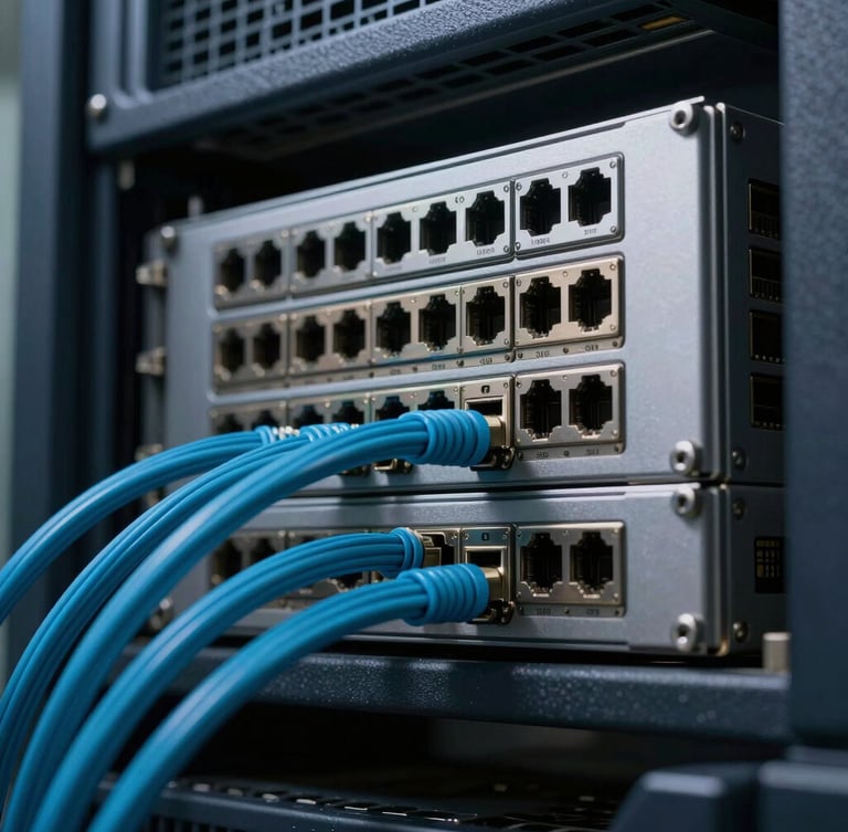 Macro close-up of a high-performance server rack with clean cyan cable management and metallic ports under cool low-key lighting