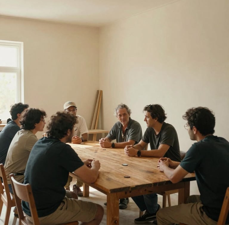 A wide, natural daylight shot of a community workshop in a bright cream-walled room, local leaders collaborating around a wooden table, candid documentary style, warm muted tones.