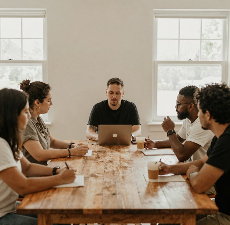 Candid medium shot of community organizers working around a large wooden table in a sunlit room, soft natural overcast light, warm muted earth tones, 35mm lens.