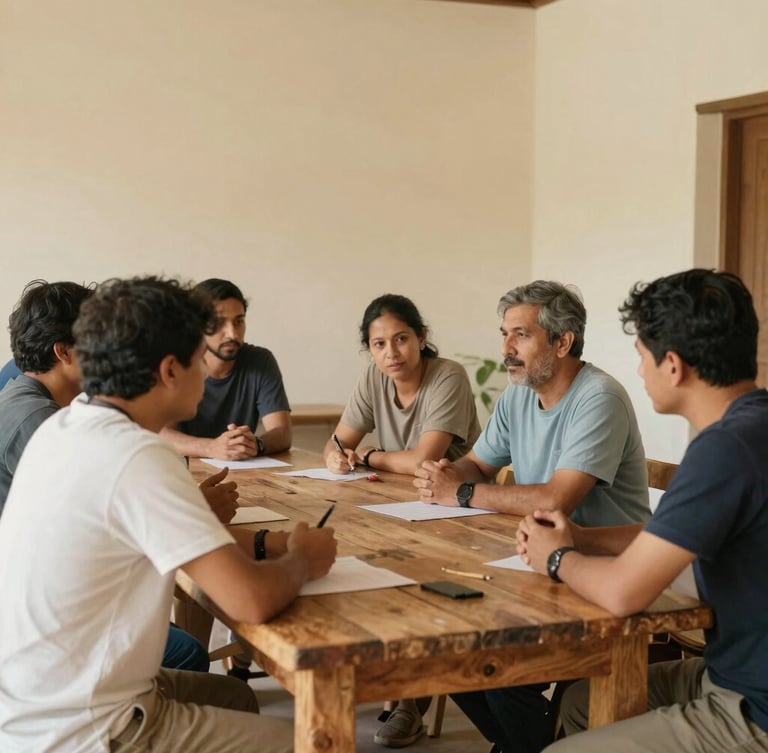 A natural light documentary photograph of a community workshop, local leaders collaborating around a rustic wooden table in a warm, cream-walled room, candid environmental framing.