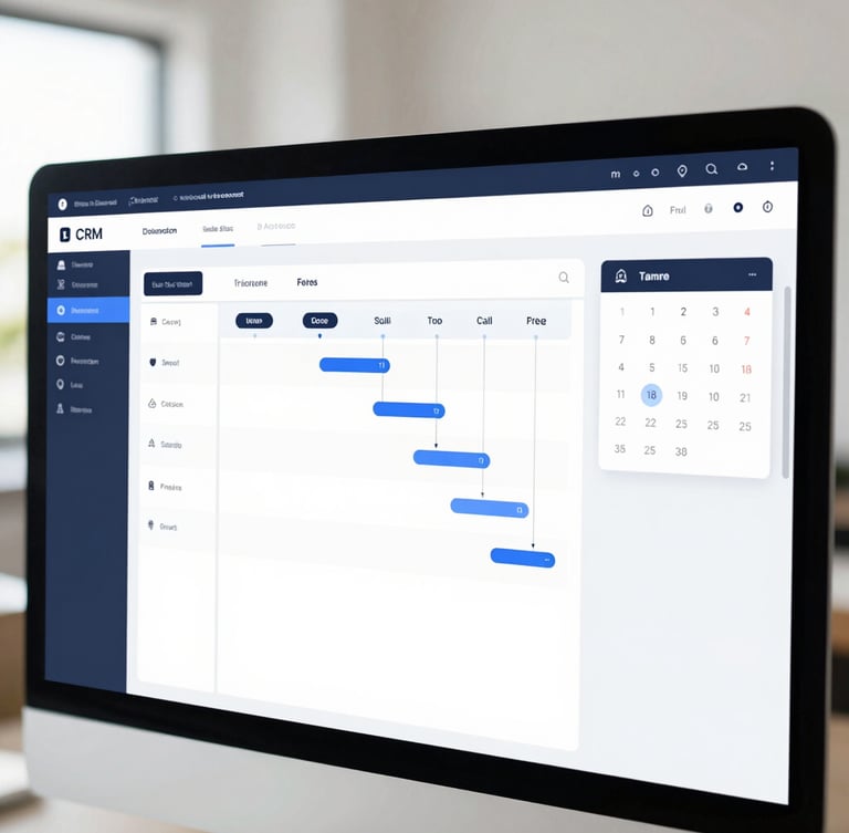 Wide panoramic UI mockup of a CRM dashboard displaying a clean sales pipeline with multiple stages, call logs, and calendar integration, bright studio light, slight depth of field, showing a clear overview.