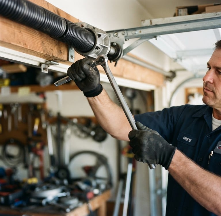 Technician in a clean uniform working on a garage door torsion spring, close-up on hands and specialized tools, bright natural daylight, crisp mechanical details, high-contrast industrial tones, 35mm lens
