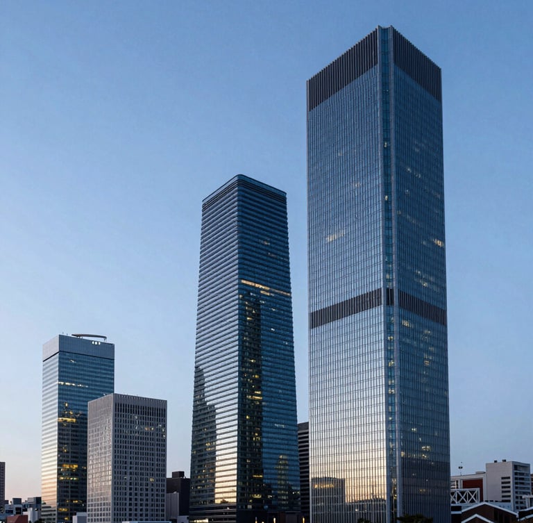 Wide panoramic view of modern Madrid financial skyscrapers at dusk, cool blue lighting, sharp architectural lines, negative space on the left.