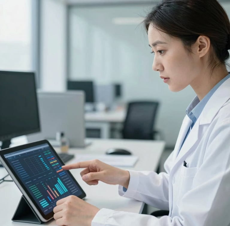 Portrait shot of a focused female researcher's hands pointing at a complex data chart on a tablet, with a blurred modern office background. Cool blue and slate tones, bright natural daylight, sharp focus, editorial style, 35mm.