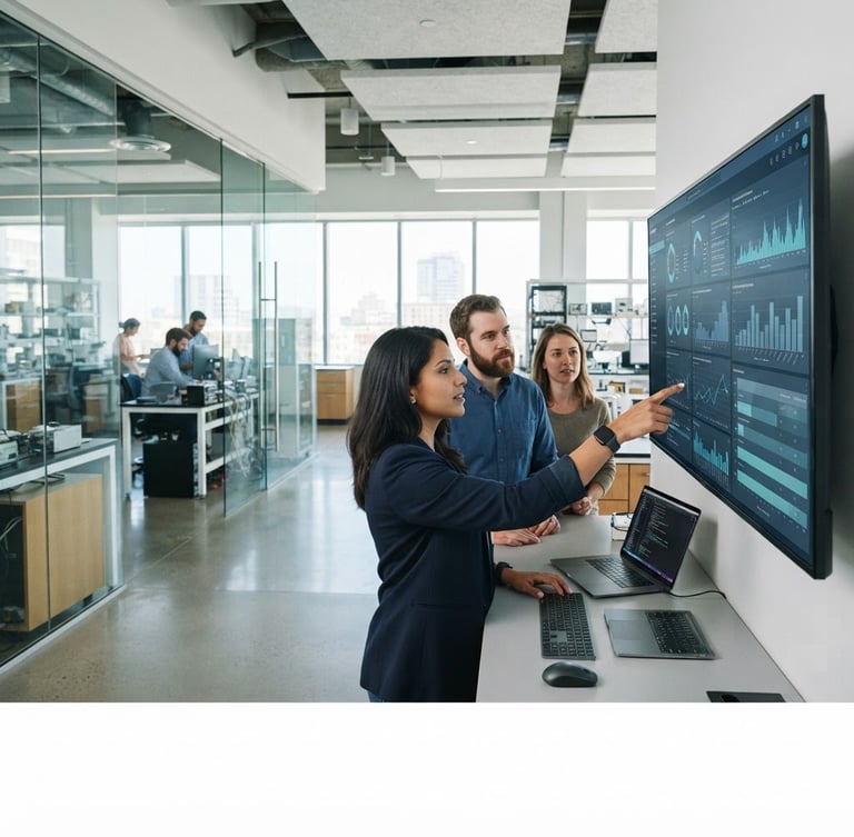 Wide shot of a modern, bright corporate research lab with clean architectural lines, a focused data scientist's hands pointing at a complex data dashboard on a large screen, cool blue and slate tones, natural daylight, editorial style.