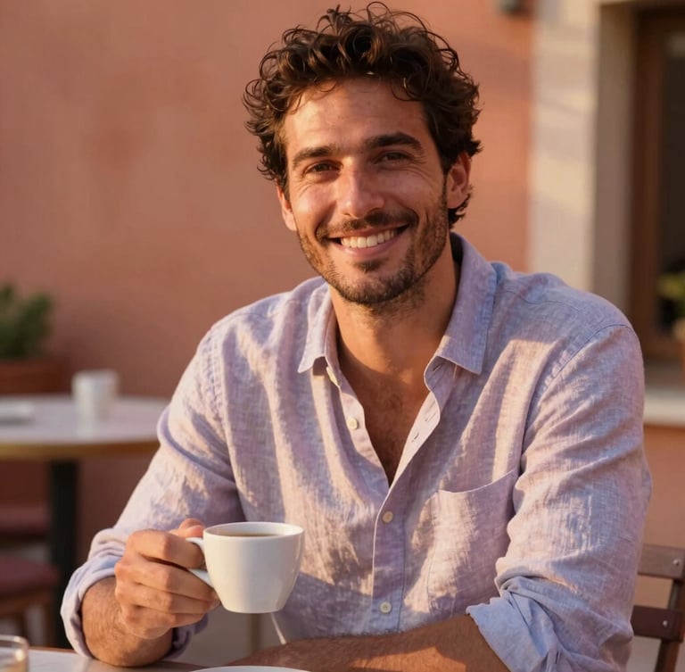 Portrait of Jan, a warm and friendly man in his 30s, wearing a relaxed linen shirt, sitting outdoors at a terrace in the Provence, smiling genuinely, holding a coffee cup, soft golden hour sunlight, warm terracotta tones, shallow depth of field
