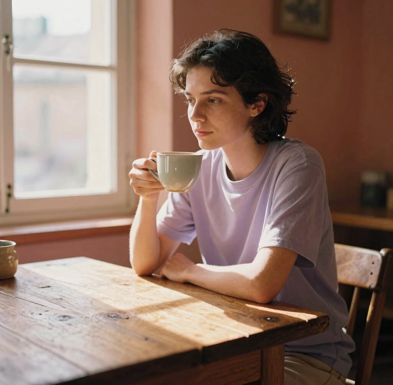 A warm, sun-drenched photo of Jan sitting at a rustic wooden table in a light-filled room, holding a ceramic coffee mug, soft window light, terracotta tones, 35mm film look.