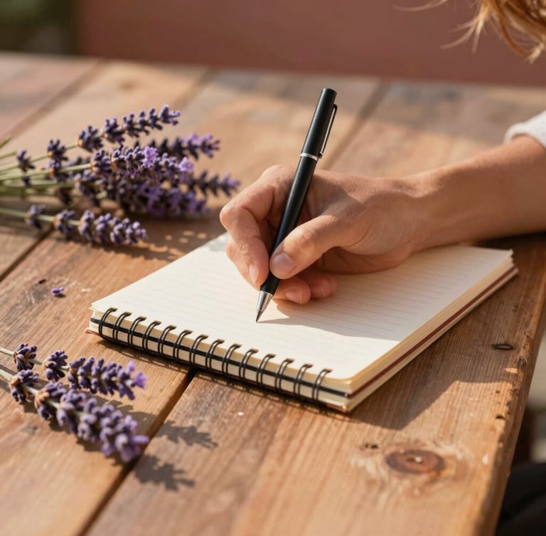 An environmental portrait of Jan writing in a notebook on a rustic wooden table, soft golden hour sunlight casting shadows of lavender flowers, warm terracotta tones.