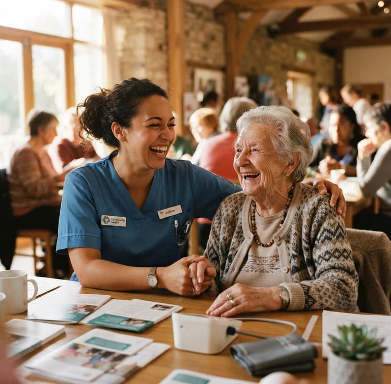A warm, candid medium shot of a local nurse laughing with an elderly woman during a health workshop in a sunlit community room, rich earthy tones, 35mm