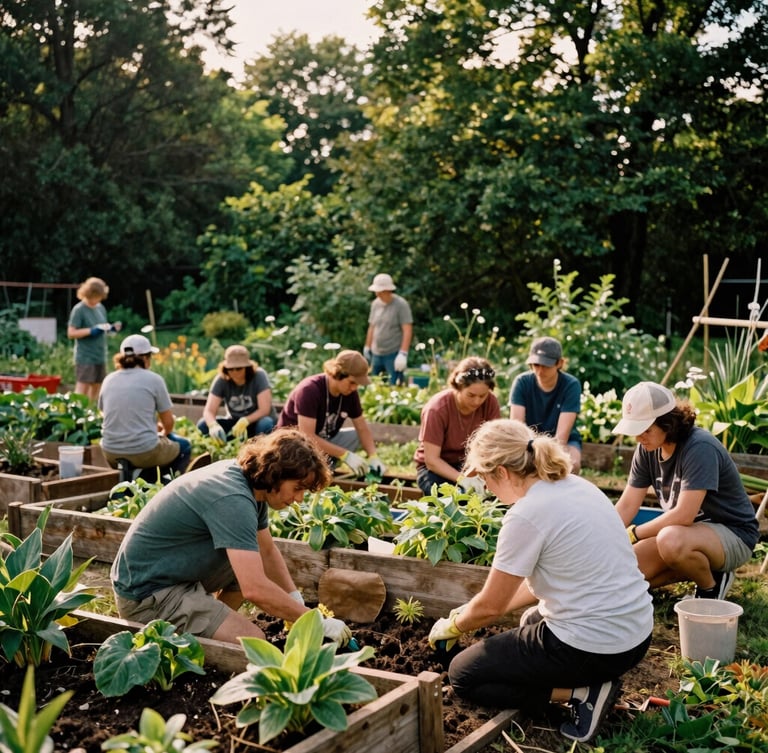 A warm, candid wide shot of community members working together to build a neighborhood learning garden, natural sunlight, rich forest green tones, 35mm