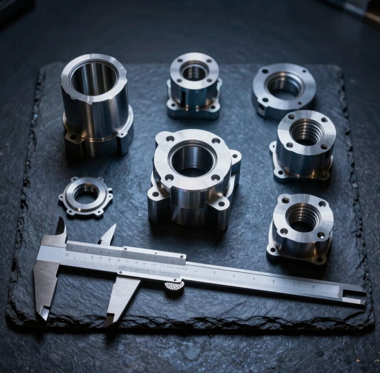Overhead knolling of machined mechanical components and calipers on a dark slate workbench, cool blue backlighting, sharp technical photography