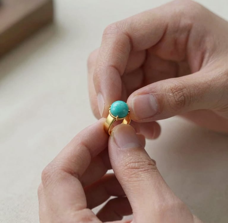 An extreme close-up of a jeweler's hands carefully setting a raw turquoise stone into a matte gold band, soft natural light, shallow depth of field