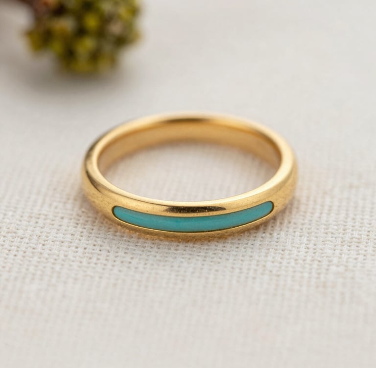 Extreme close-up macro shot of a matte gold ring with a subtle turquoise accent resting on textured off-white linen, soft diffused daylight, shallow depth of field