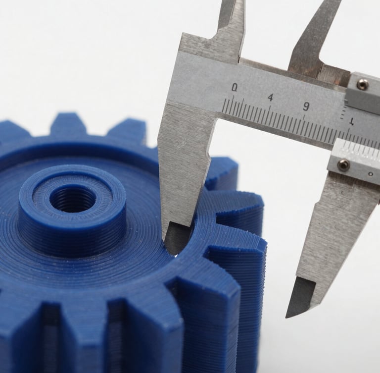 Macro close-up of a dark blue PETG 3D printed prototype gear, showing clean FDM layer lines, measured by steel calipers, cool technical studio lighting
