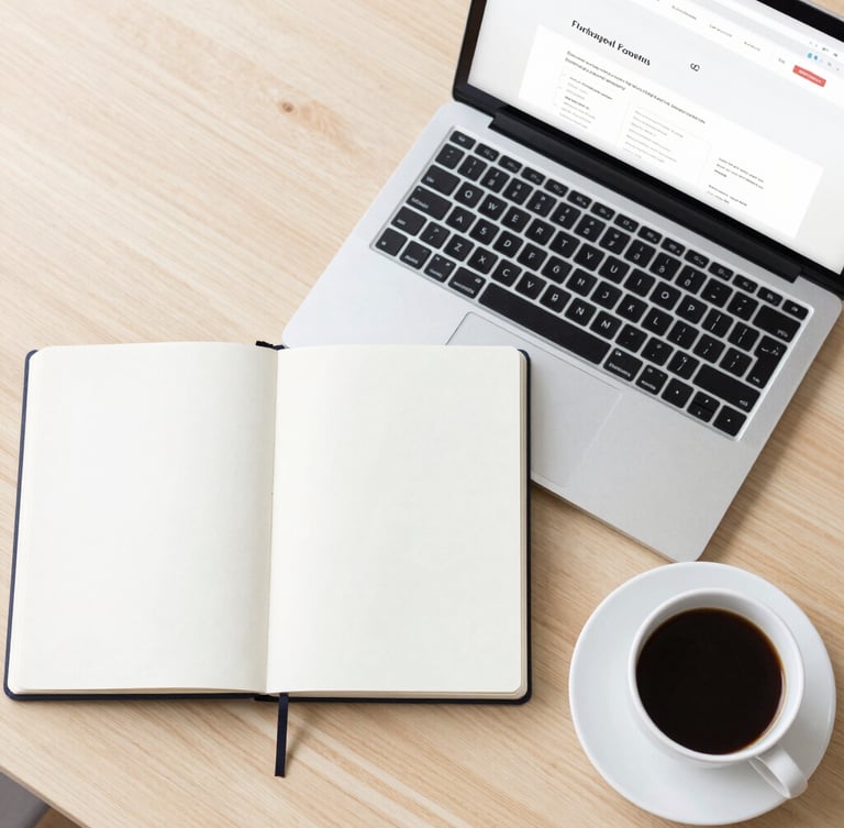 A clean modern overhead flat-lay of an open notebook, a sleek laptop showing a clean website outline, and a cup of black coffee on a light wooden desk, bright natural daylight