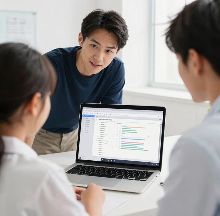 A medium close-up of an approachable instructor guiding a student, looking at a clean laptop screen showing an AI-assisted workflow, bright daylight, modern workspace.