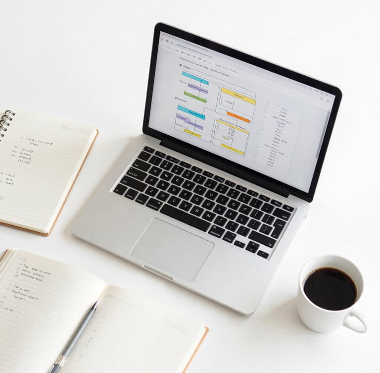 A clean overhead flat-lay of a modern workspace with a laptop showing a structured workflow diagram, a notebook with handwritten steps, and a cup of coffee under bright natural daylight.