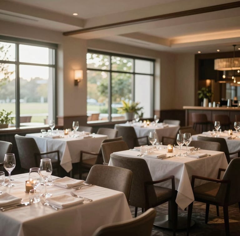 Wide environmental shot of a beautifully prepared, empty restaurant dining room in the morning, soft warm natural daylight streaming through large windows, crisp linens and polished glassware on tables, editorial composition.